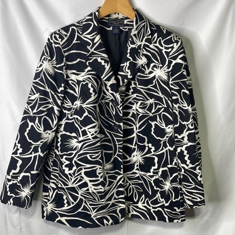 Laura Scott cotton stretch, black and white print blazer